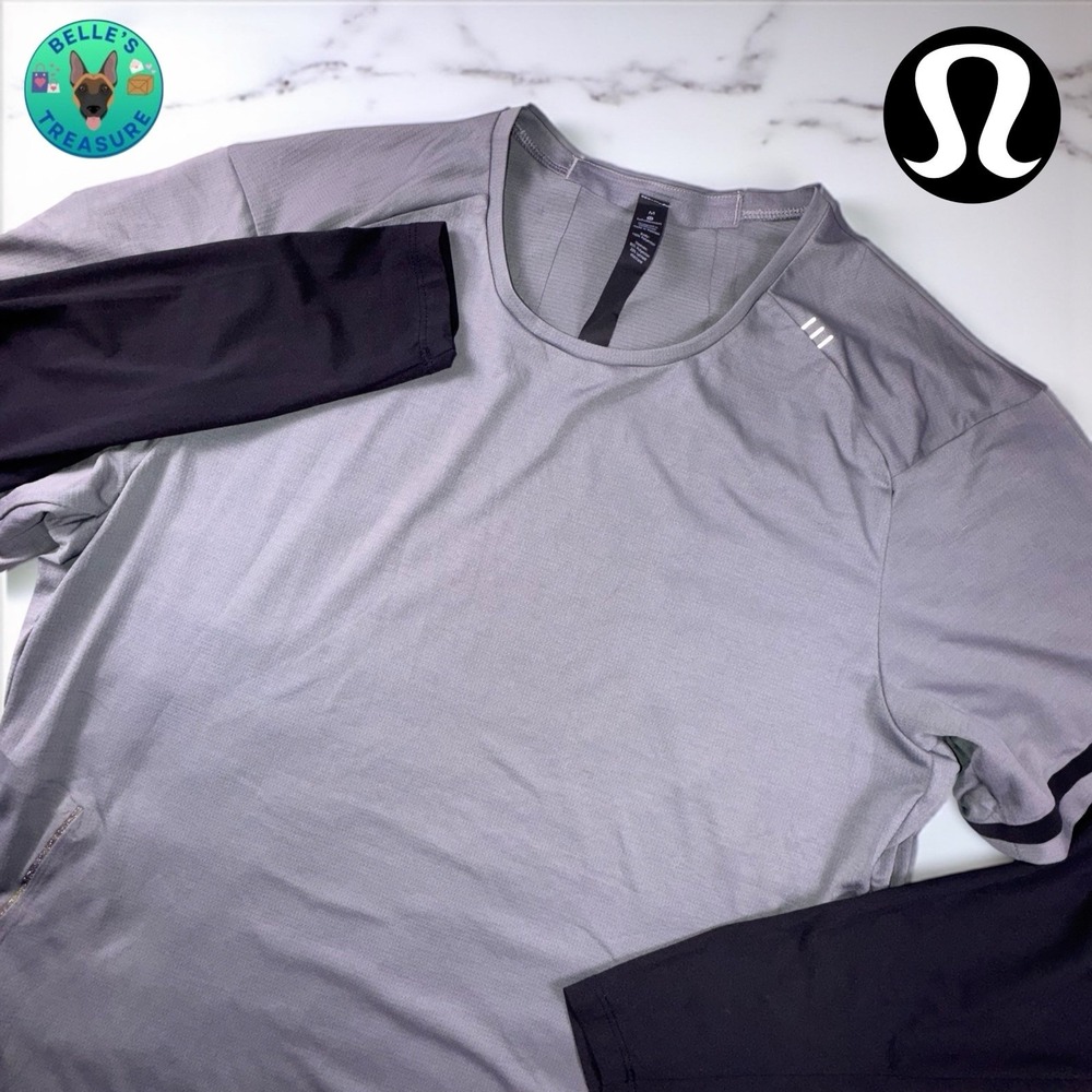 Lululemon Shirt Mens Medium Asphalt Fast Free‎ Bold Lines Gray Long Sleeve